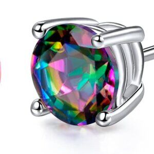 Created Rainbow Quartz Stud Earrings for Women Men 18K White Gold Plated Round/S